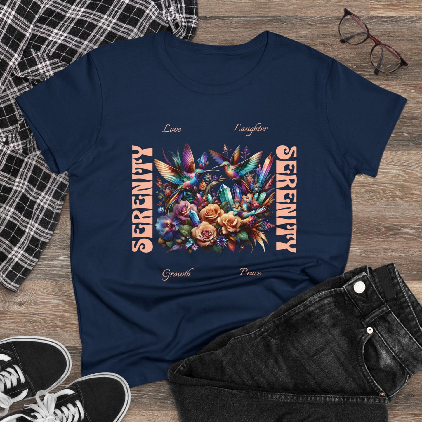 Serenity Women's Shirt | Hummingbirds Crystals Flowers Love Peace Growth Laughter