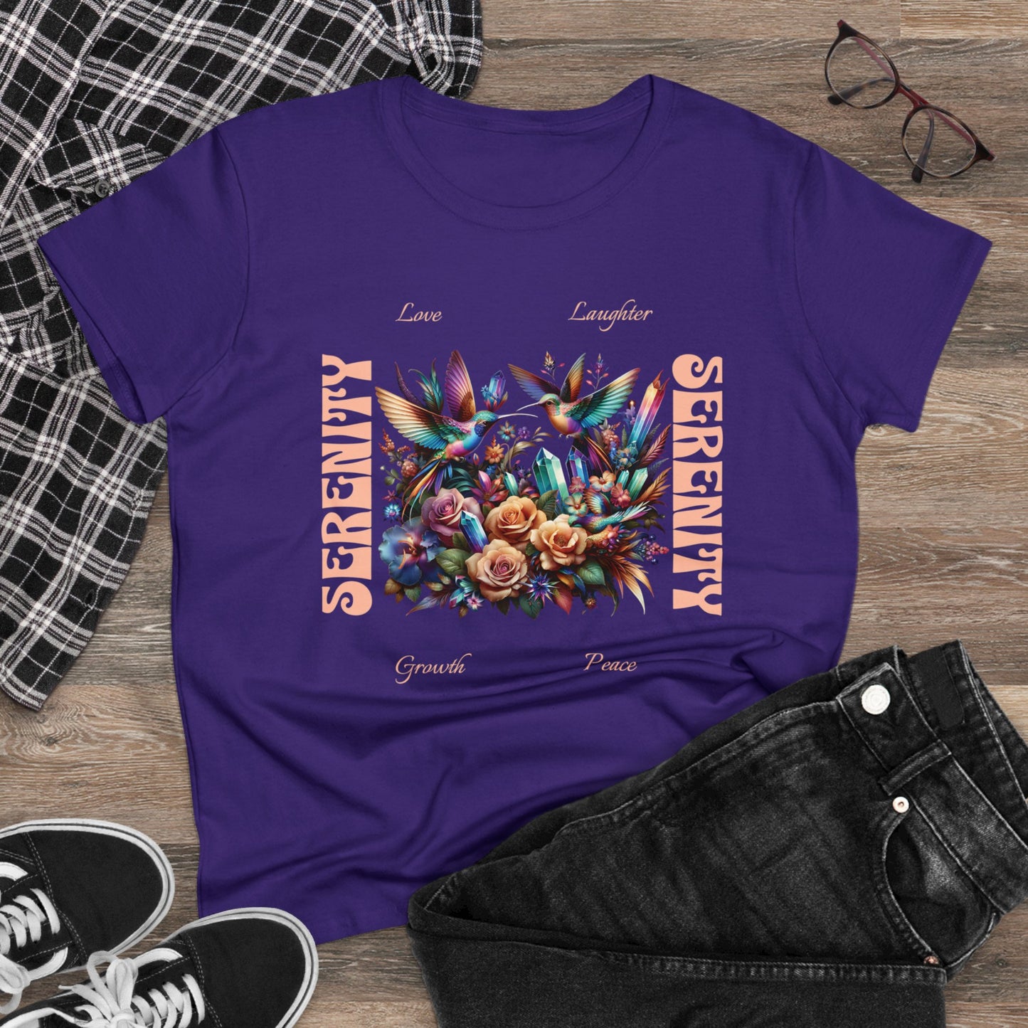 Serenity Women's Shirt | Hummingbirds Crystals Flowers Love Peace Growth Laughter