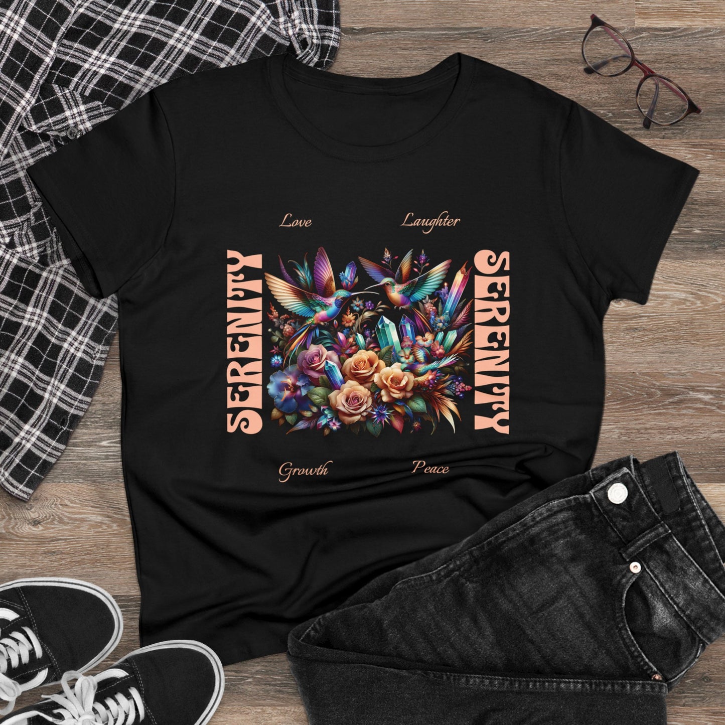 Serenity Women's Shirt | Hummingbirds Crystals Flowers Love Peace Growth Laughter