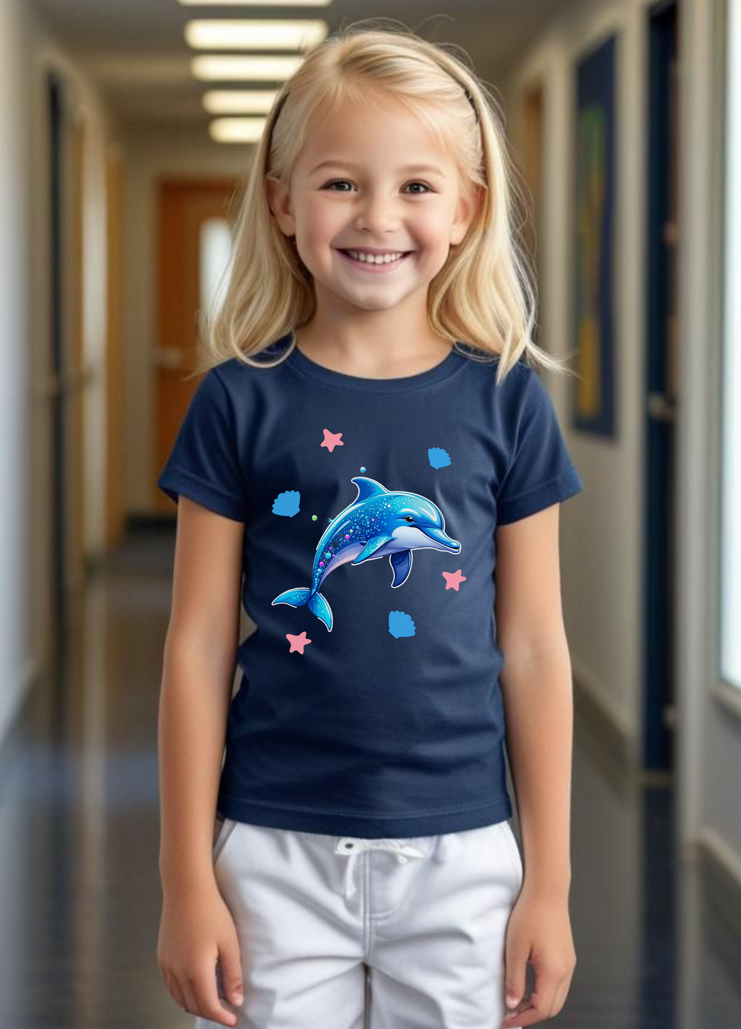 Smiling Dolphin Sparkly Colorful Back to School Kids Regular Fit Tee