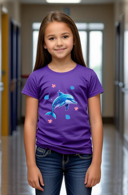 Smiling Dolphin Sparkly Colorful Back to School Kids Regular Fit Tee