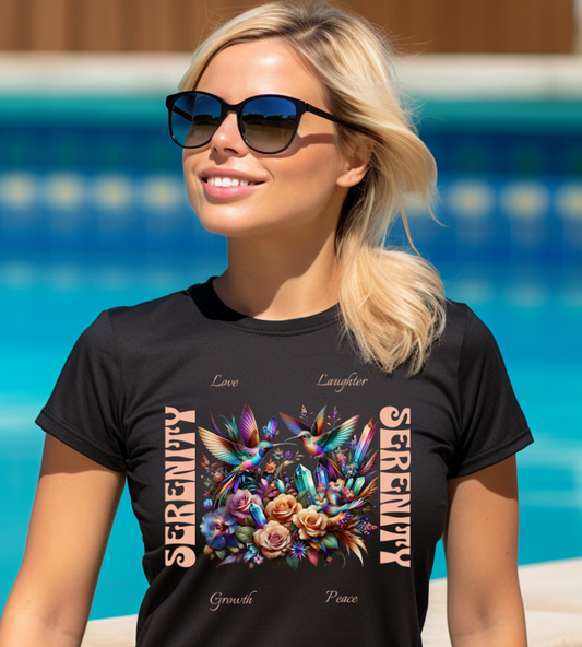 Serenity Women's Shirt | Hummingbirds Crystals Flowers Love Peace Growth Laughter