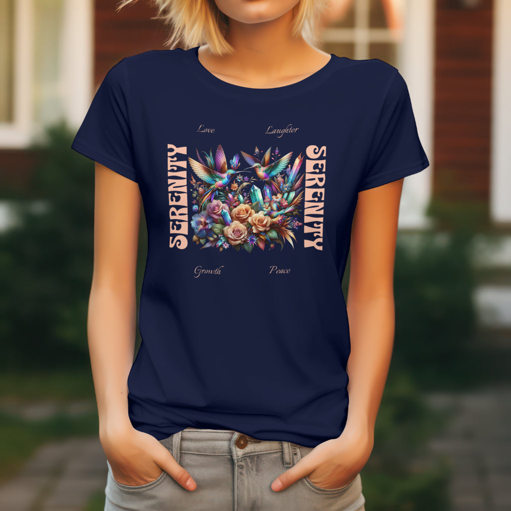 Serenity Women's Shirt | Hummingbirds Crystals Flowers Love Peace Growth Laughter