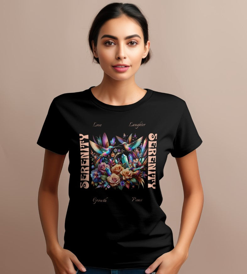 Serenity Women's Shirt | Hummingbirds Crystals Flowers Love Peace Growth Laughter