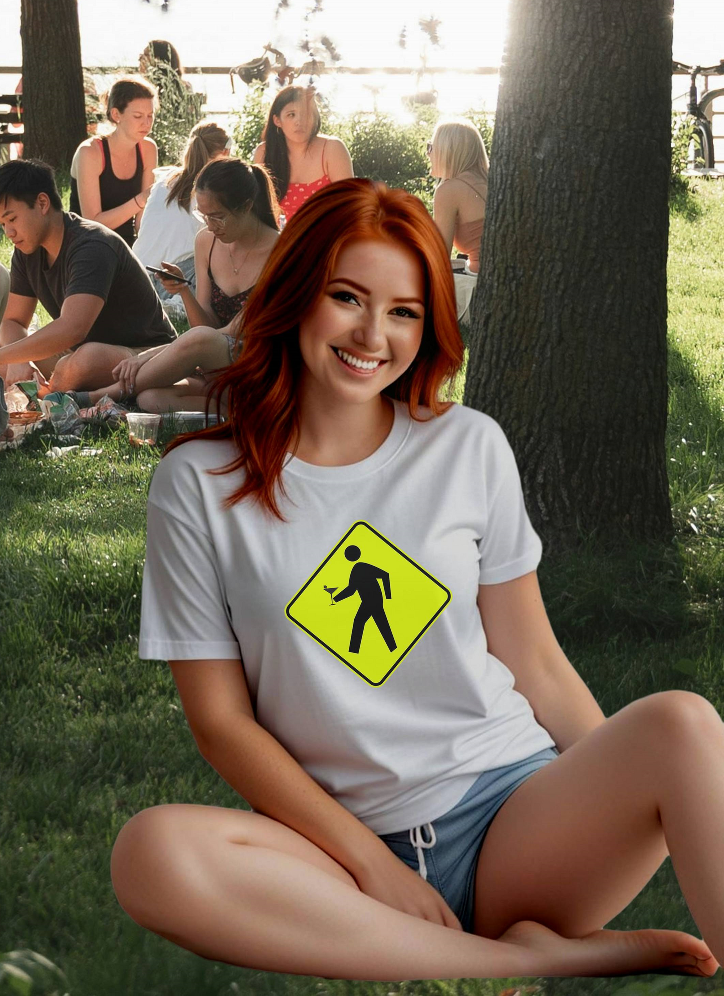 Caution Pedestrian Crossing with Adult Beverage Tipsy T Shirt Martini Glass Hand