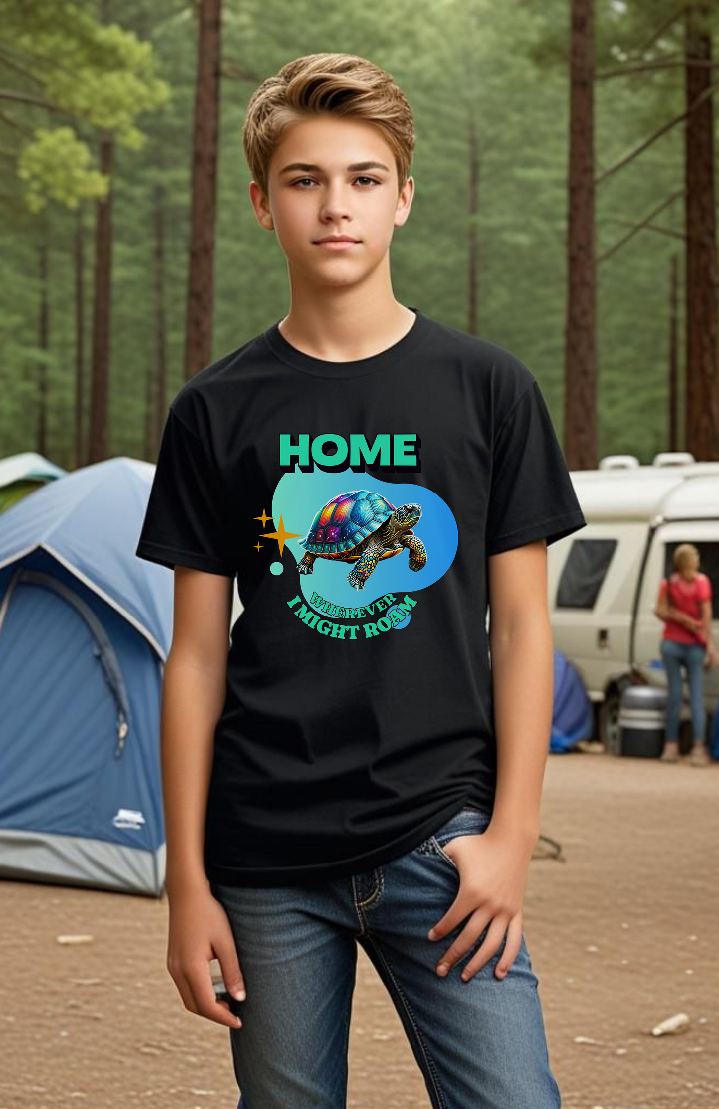 HOME wherever I might roam Colorful Turtle Cotton Tee Van Life, RV, Vagabond Express Delivery available