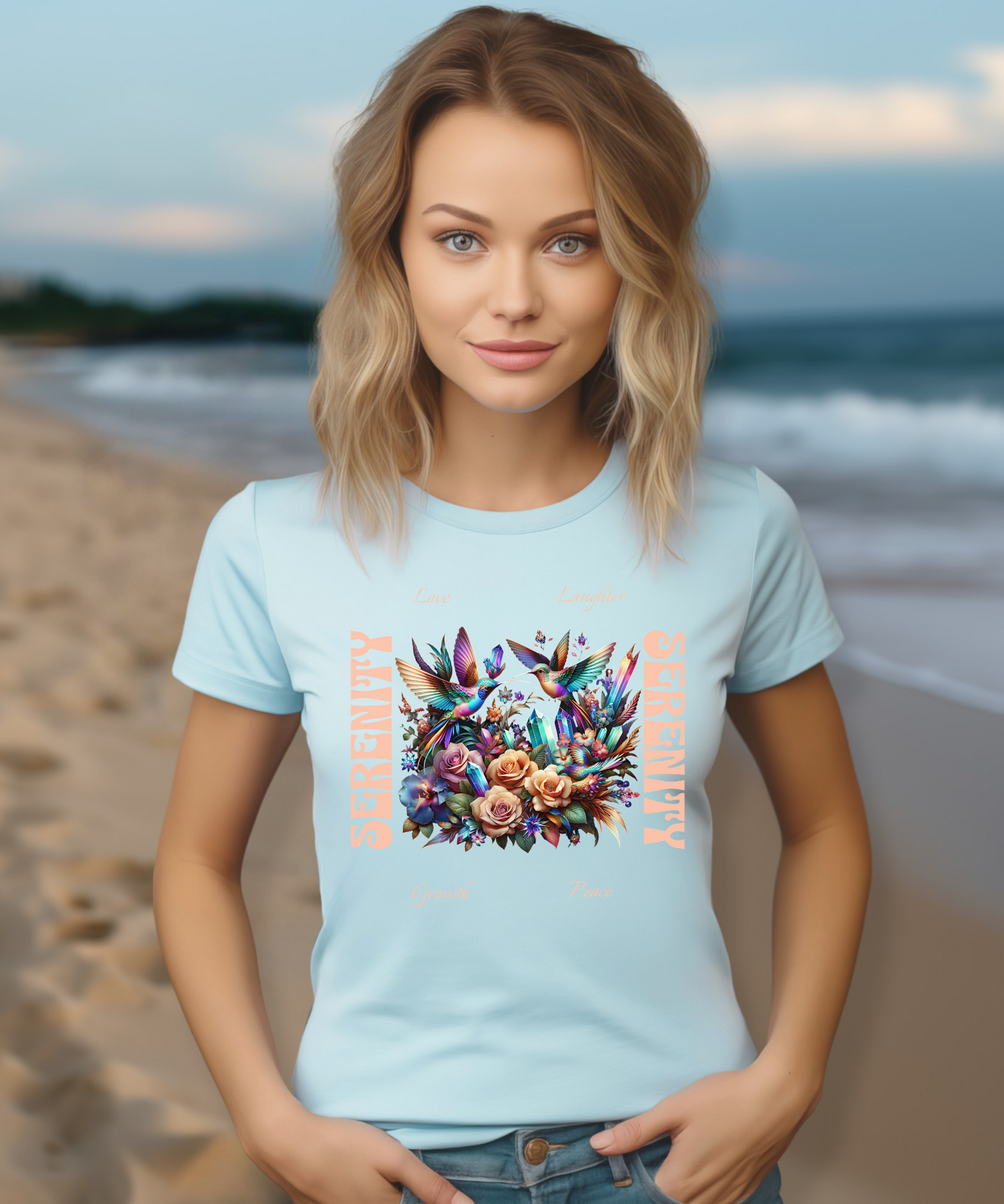 Serenity Women's Shirt | Hummingbirds Crystals Flowers Love Peace Growth Laughter